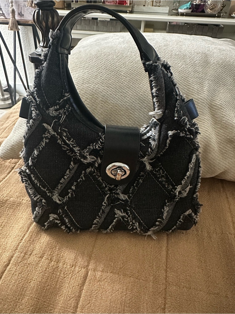 Black Frayed Patchwork Shoulder Bag with Turn-Lock Detail